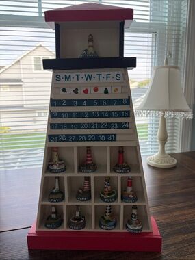 Wooden Lighthouse Perpetual Calendar - Red, White, Blue